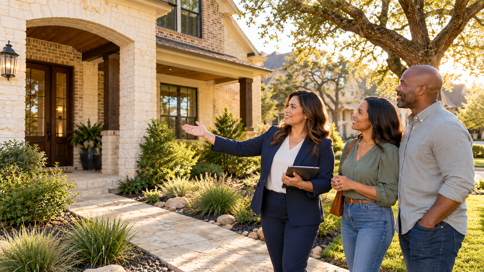 Illustrative image of a listing agent and clients on the right admiring a Texas home on the left
